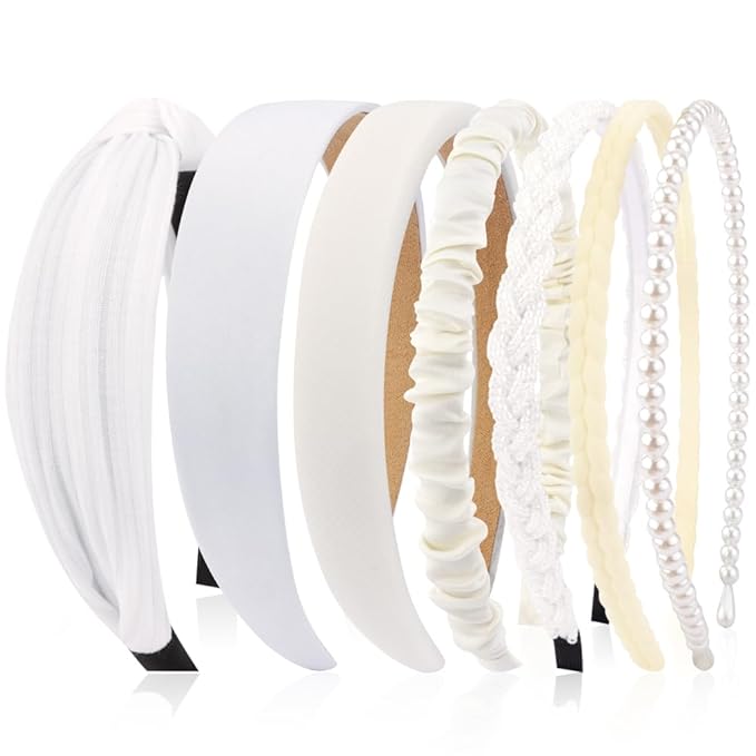 AHONEY 7 Pack White Headbands for Women Girls Headband Non Slip Hairbands Cute Hair Accessories Multi-style Headband Pack Wedding Head Band (White)