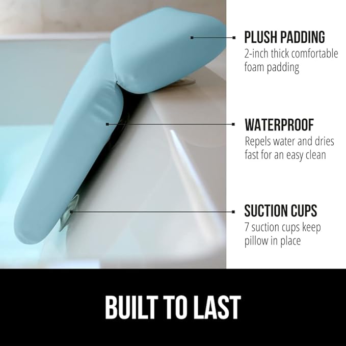GORILLA GRIP Bath Pillow for Tub, Strong Suction Cups, Luxury Bathtub Pillows, Headrest Neck and Back Support, Relaxing Hot Tub and Home Spa Accessories, Bathroom Essentials, Gifts for Women, Blue