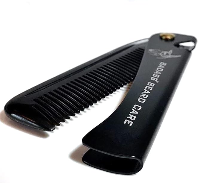 Badass Beard Care 2-IN-1 Folding Ox Horn Comb with Stainless Steel Body and Genuine Leather Protective Case