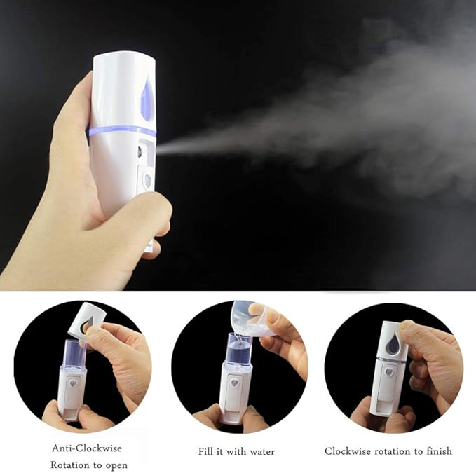 Portable Nano Facial Mister Mini Facial Steamer Atomization Eyelash Extensions with Mirror & 20ml Visual Water Tank (White)