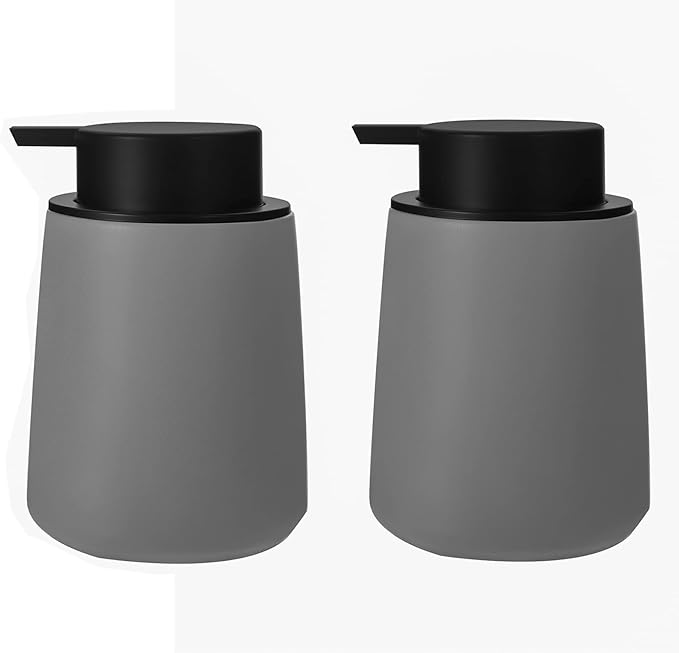 Foaming Hand Soap Dispenser Ceramic, Foam Dish Soap Dispenser for Bathroom and Kitchen Sink, Liquid Pump Bottle for Shampoo, Body Wash, Grey, 2 Pack