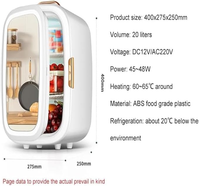 20L Cold Hot Mini Refrigerator, Portable Beauty Makeup Fridge, with Makeup Mirror and LED Light, Adjustable Brightness, Removable Shelves, for Drink, Car, Office