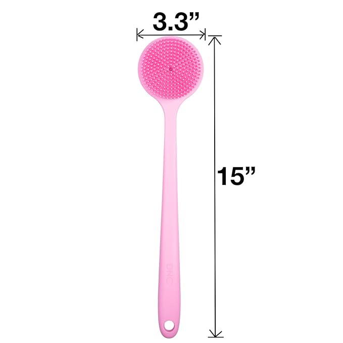 DNC Silicone Back Scrubber for Shower, Soft Bath Body Brush with Long Handle (Pink)
