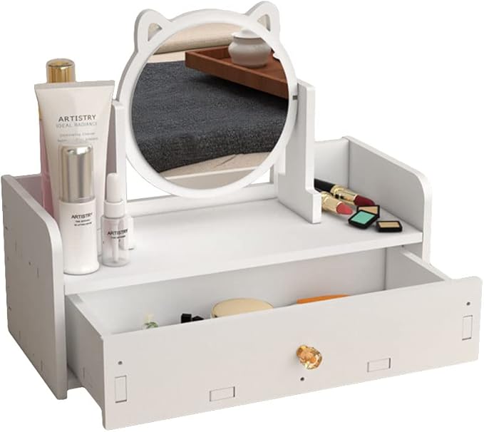 Cat Ear Vanity Mirror, Desktop Makeup Mirror with Drawer, Multipurpose Cosmetic Box, Plastic Cosmetic Storage Organizer for Home, Bedroom Supplies, White Country Brush Drawer