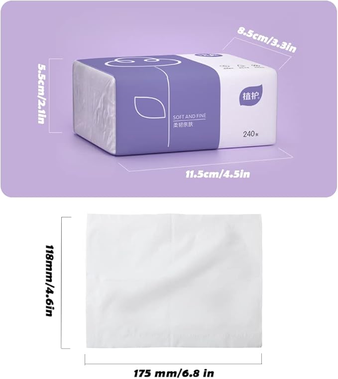 Pack of 6, Soft Small Facial Tissue, Toilet Paper, Bag Cover NOT Box, Disposable Facial Napkin, White Facial Paper, Material Wood Pulp Fiber NOT COTTON, 4-Ply, 240 Sheet per Pack