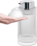 14 Oz Foaming Soap Dispenser, Clear Glass Soap Dispenser, Refillable Foam Pump Bottle Lotion Container with Silver Pump, Decorative Slim Ribbed Bottle for Bathroom and Kitchen Decor