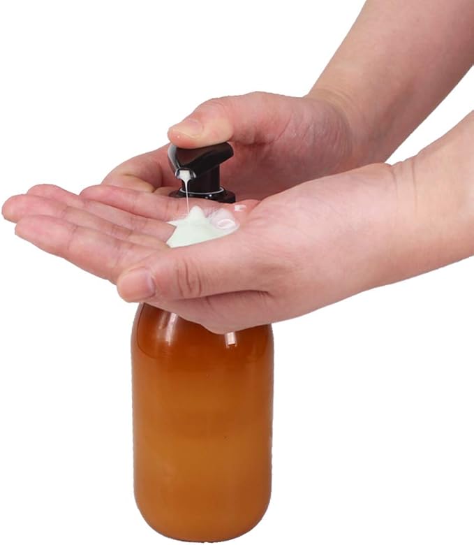 8 Pack 8OZ Empty Plastic Pump Lotion Bottles with 1 Pen, Labels & Silicone Funnel, Amber Color Lotion Dispenser with Locking Lotion Pump for Body Wash, Shampoo, Massage Lotion, Gel