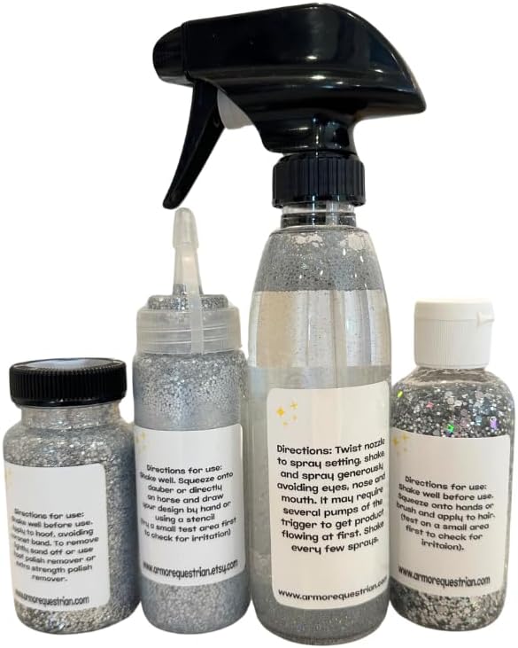 Horse Gallop Glitter Gift Set, 4 Items - Hoof Polish, Body Glitter, Mane and Tail Gel, Shimmer Body Spray (Silver)