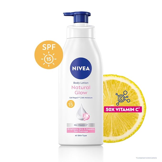 Nivea Natural Glow Cell Repair Body Lotion | With SPF 15 and 50X Vitamin C | 13.52 Fl Oz | Pack of 1