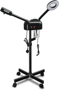 2-in-1 Professional Facial Steamer with 3X Magnifying Lamp, Ozone Face Steamer with Adjustable Height, Rolling Stand, 750W, Black