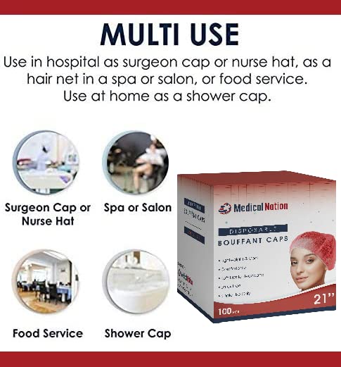 21" Disposable Bouffant Caps | CASE of 1000, RED | Hairnets, Non-Woven, Non-Pleated Head Hair Covers | for Medical, Labs, Nurse, Tattoo, Food Service, Hospital, Cooking - Size 21" Red