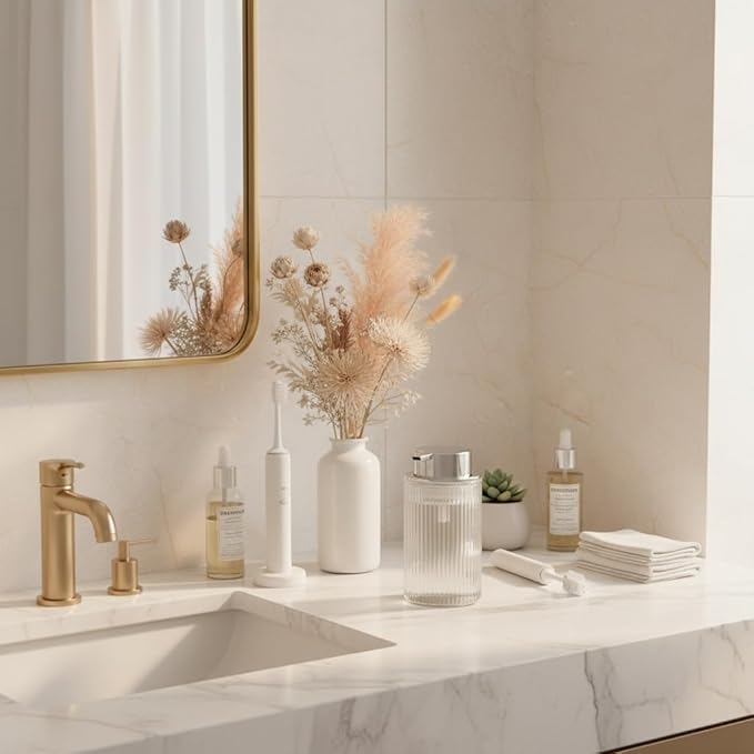 Foaming Soap Dispenser, 12 Oz Thick Glass Foam Hand Soap Dispenser, Refillable Glass Foam Pump Bottle Container Decorative Slim Ribbed Bottle for Bathroom and Kitchen (1, Clear Silver)
