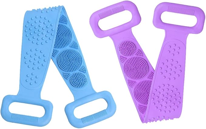 Silicone Back Scrubber for Shower, Dual-Sided Back Exfoliator Washer Scrub Strap -, Exfoliate and Massage, Hygienic, Durable and Easy to Clean, Blue and Purple 2 Pack