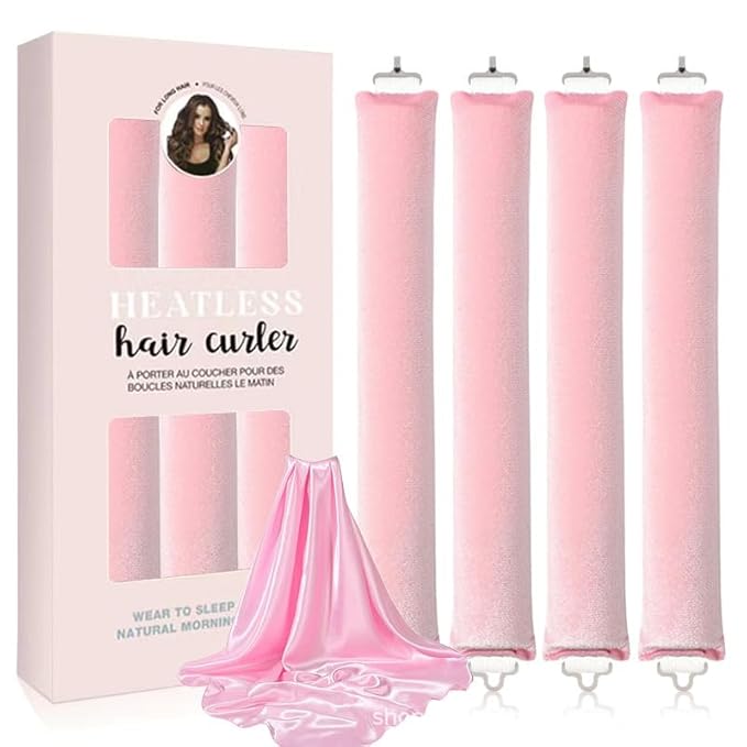 Heatless Hair Curls Overnight Curler - 4 Pcs Curling Rod to Sleep In, Velvet Hair Rollers with Satin Hair Scarf (Pink)