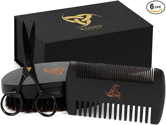Woden Beard Maintenance Kit - Premium Luxury Black Beard Brush and Comb Gift Set | Mustache and Beard Scissors, Boar Bristle Beard Brush, Fine-Tooth Pearwood Beard Comb, Travel Bag and Gift Box