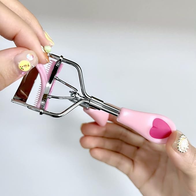 Stainless Steel Eyelash Curler with Built-in Comb Pinch Pain-Free Suitable for Any Eye Shapes and Sizes, with 5 Silicone Refill Pads (Peach Pink)