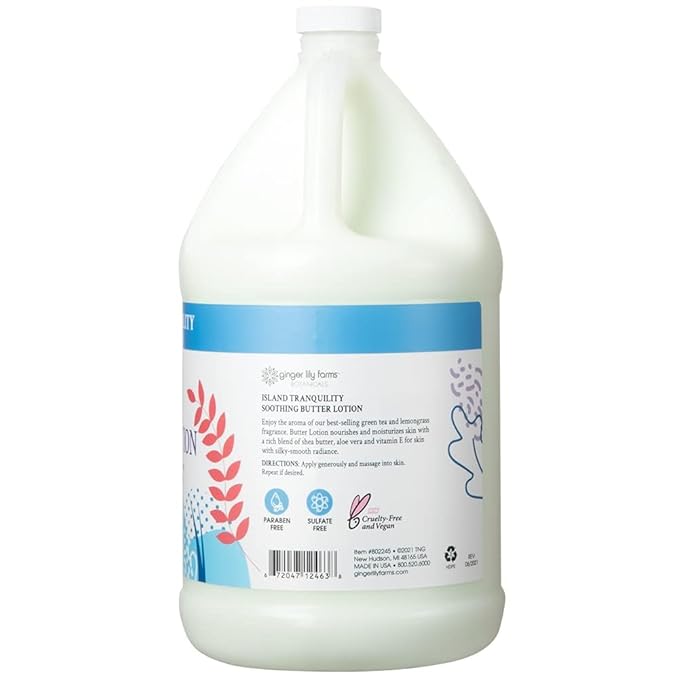 Ginger Lily Farms Botanicals Soothing Butter Lotion for Dry Skin, Island Tranquility, 100% Vegan & Cruelty-Free, Green Tea Lemongrass Scent, 1 Gallon (Pack of 4)