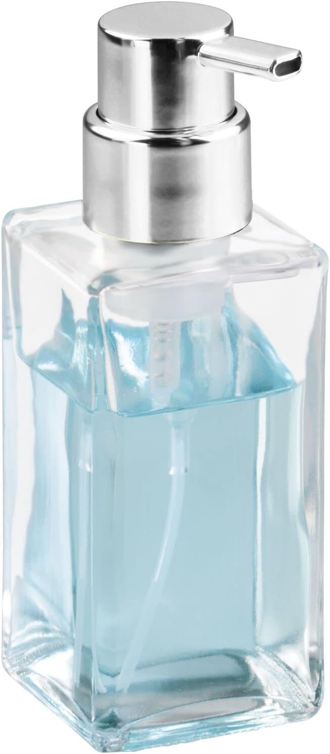 mDesign Glass Refillable Foaming Hand Soap Dispenser Modern Square Pump Bottle for Bathroom Vanities or Kitchen Sink, Countertops - 2 Pack - Clear/Chrome