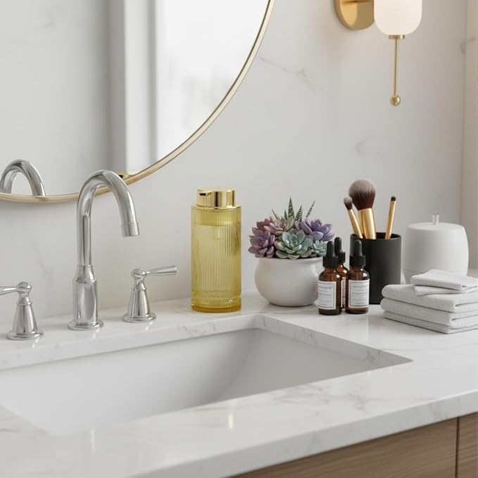 14 Oz Foaming Soap Dispenser, Amber Glass Soap Dispenser, Refillable Foam Pump Bottle Lotion Container with Gold Pump, Decorative Slim Ribbed Bottle for Bathroom and Kitchen Decor