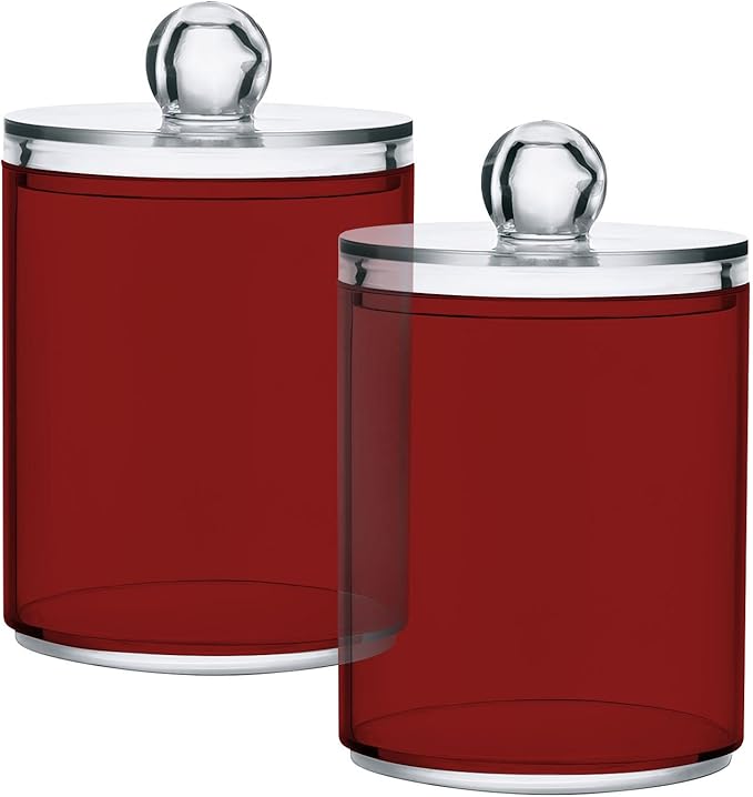 Fire Brick Qtip Holder Organizer Dispenser Cotton Swabs Cans Plastic Jars with Lid Set 2 Pack Bathroom Storage Canister for Cotton Ball Floss Cotton Pads
