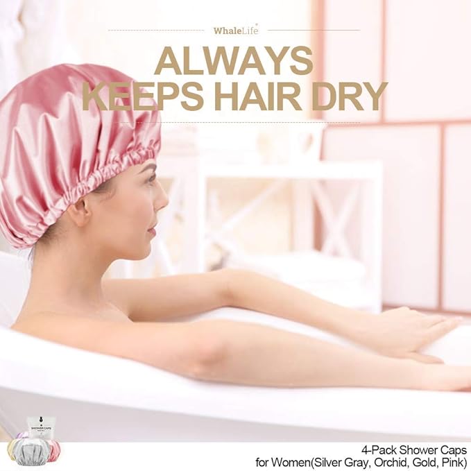 Shower Cap for Women Reusable Extra Large Shower Caps for Men Satin Double Layer EVA Waterproof Long Hair Caps(Silver Gray, Orchid, Gold, Pink 4 Pack)
