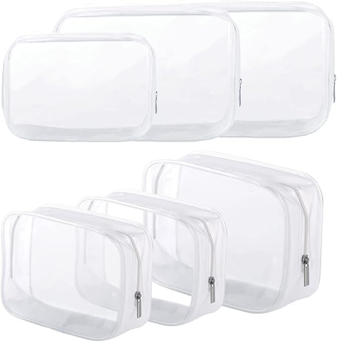 6 Pack Clear Toiletry Carry Pouch with Zipper Portable Plastic Waterproof Cosmetic Bag TSA Approved for Vacation Travel Bathroom and Organizing (White, Small and Large)