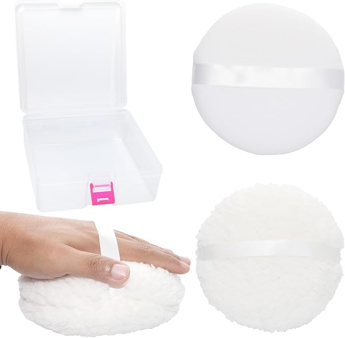 2 Pcs Body Powder Puff Set, 2 Extra Soft 6-Inch White Powder Puffs (3-Inch & 1.5-Inch Thick) with Storage Box, for Baby Powder & Finishing Powder, Gentle Face & Body Application