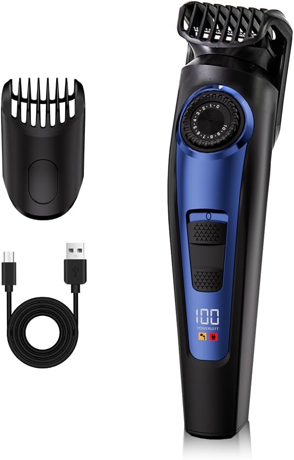 Electric Beard Trimmer for Men Professional Adjustable Length and Hair Clipper, Men's Beard Mustache Trimming and Body Hair Trimmer, Cordless Digital Display and Rechargeable USB Type-c Charger (Blue)