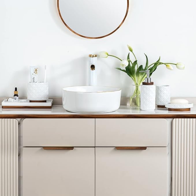 Elegant Bathroom Accessories Set 6 PCS Ceramic and Wood Bathroom Accessory Set Soap Dispenser Toothbrush Holder Tumbler Soap Dish Tray Trash Can Easy to Clean Quatrefoil Pattern White