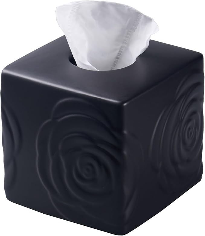 Black Ceramic Rose Tissue Box Cover, Carved Flowers Large Square Tissue Box Holder Decorative for Bathroom, Vanity, Kitchen Countertop, Bedroom Night Stands, Office Desk Top