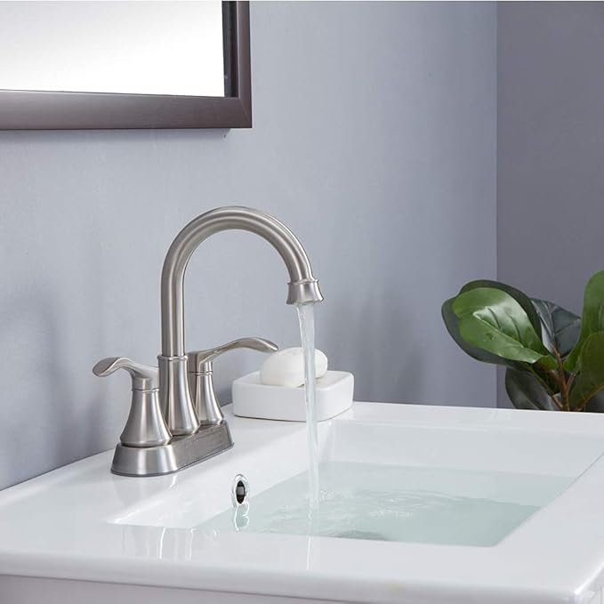 Lead-Free Commercial 2-Handle Brushed Nickel Bathroom Sink Faucet, 360° Swivel High-Arc Spout 4 Inch Centerset Lavatory Vanity Faucets Set for Bathroom Sink with Drain & Water Hoses, VLS10003BML-1