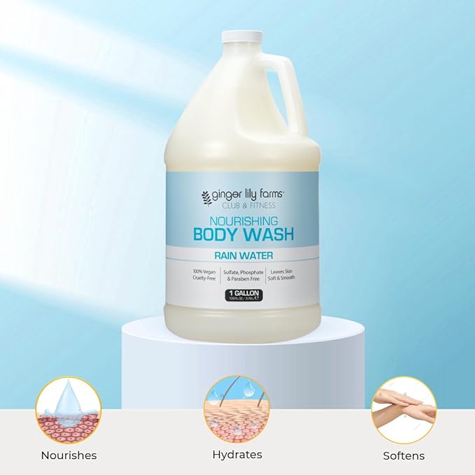 Ginger Lily Farms Club & Fitness Nourishing Body Wash, 100% Vegan & Cruelty-Free, Bath & Shower Gel for Men and Women, Rain Water Scent, 1 Gallon (Pack of 4)