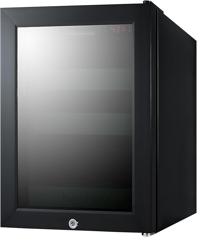 Summit Appliance LX114LGT1 BeautiFridge Cosmetics Cooler; Glossy Mint Adjustable Shelves; Commercial Grade Design; LED Lighting; Digital Thermostat; Double Pane Mirror-tinted Glass Door