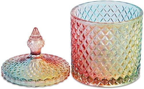 Colorful Home Decorative Jar Qtips Holder Dispenser Glass Storage Container Bathroom Counter Vanity Organizer for Bath Salts/Swabs/Rounds Makeup Sponges Toothpick Jewelry(Rainbow, 20 oz)