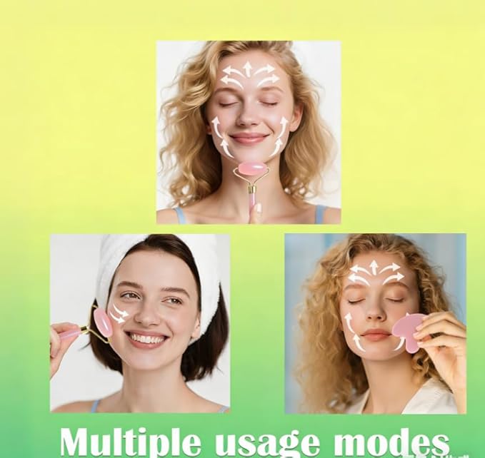 Jade Roller Gua Sha Tools – Nature Gua Sha Facial Tool Skin Tightening Face Massager Anti-Aging Jade Face Roller Puffiness Reducing Guasha Stone for Women Men (Light Pink)