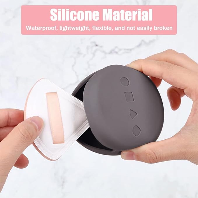 Portable Powder Puff Case,Breathable Round Makeup Puff Protective Container,Silicone Make-up Storage Box Travel Quick Drying Easy to Carry,4 Pieces,Pink+Grey