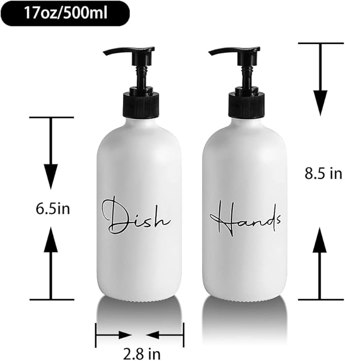 17 oz Hand Soap Dispenser Glass Liquid Dish Soap Bottles, Refillable Empty Lotion Pump Bottles for Bathroom Decor, Kitchen Sink, Matte Design, White, Pack of 2