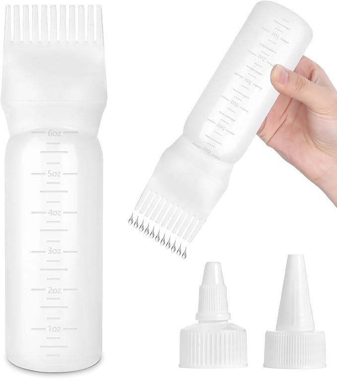 Root Comb Applicator Bottle Oil Applicator for Hair Dye Hair Oiling Bottle with 2 Type Caps and Graduated Scale (White)