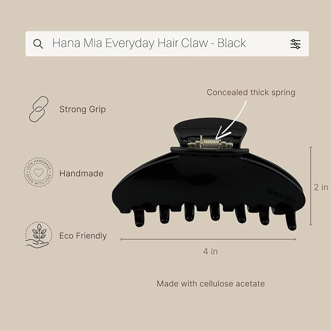 Luxury Black Claw Clip for Women | Our Acetate Black Hair Clip Feels Light, Looks Smooth and is Easy to Wear | Use for easy Half Ups with No Snagging and a Secure Grip in a Large Four Inch Size