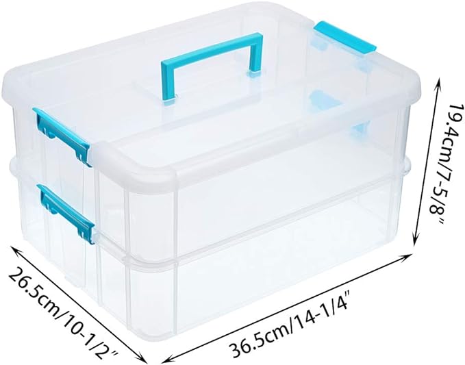 BTSKY 2 Layer Stack & Carry Box, Plastic Multipurpose Portable Storage Container Box Handled Organizer Storage Box for Organizing Stationery, Sewing, Art Craft, Jewelry and Beauty Supplies Blue