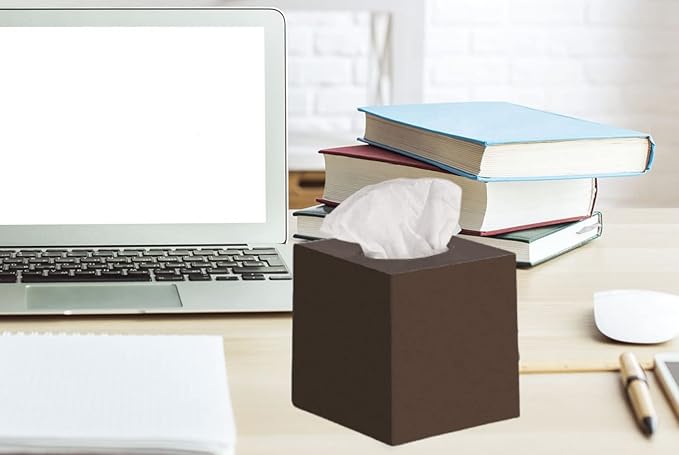 Brown Tissue Box Cover Square - Plastic Facial Tissue Box Holder Set of 2 - Cube Tissue Holder Dispensers Fit Any Vanity Countertop, Bedroom Dresser, Office Desk or Brown Bathroom Decor