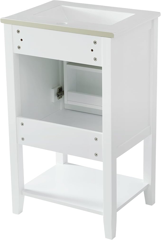 Bellemave 20" Small Bathroom Vanity with Sink, Modern Bathroom Storage Cabinet with Door and Storage Rack, Free Standing Single Basin Vanity with Open Shelf, Undermount Ceramic Sink, White