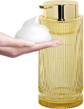 14 Oz Foaming Soap Dispenser, Amber Glass Soap Dispenser, Refillable Foam Pump Bottle Lotion Container with Gold Pump, Decorative Slim Ribbed Bottle for Bathroom and Kitchen Decor