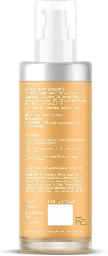 Majestic Pure Vanilla Body Oil - 100% Pure & Natural with Shea Butter, Coffee, Sesame Oils- After Shower Body Oils for Women and Men - Scented, Radiant, Firming Massage Oil - 3.4 Fl Oz