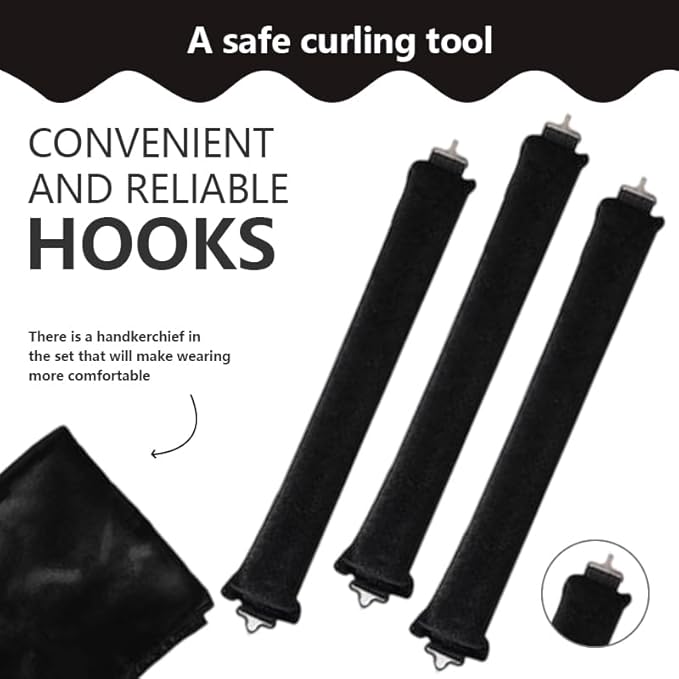 Heatless Curls Overnight Set of 3 with 1 Scarf - Heatless Hair Curler, Overnight Blowout Rods for Blowout Look Long Hair (Black)