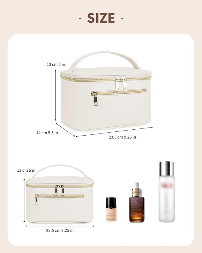 Wandering Nature Makeup Bag, Travel Make Up Organizer Cosmetic Brush Bags Case for Women in Vegan Leather, Beige,Patent Pending