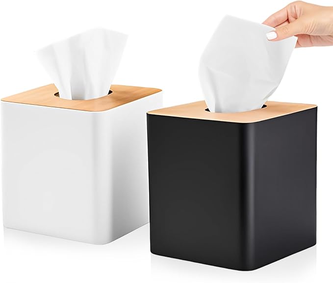 RETON 2 Pack Tissue Box Cover, Square Plastic Tissue Holder with Bamboo Cover Plate, Cube Black White Paper Organizers for Living Room, Office, Home Decor, Night Stand