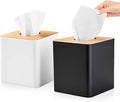 RETON 2 Pack Tissue Box Cover, Square Plastic Tissue Holder with Bamboo Cover Plate, Cube Black White Paper Organizers for Living Room, Office, Home Decor, Night Stand