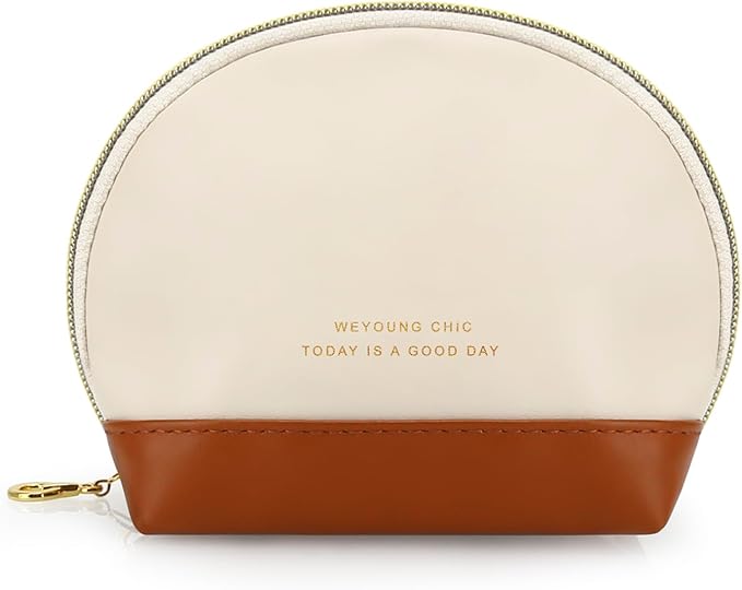 Small Makeup Bag Travel Cosmetic Bag Toiletry Zipper Pouch Make Up Organizer Bag with Handle Purse for Women Soft PU Leather Skincare Case (S01-Beige)