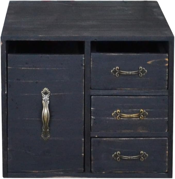 Rustic Beauty Organizer 4 Drawers - kitchen storage Wooden Cosmetic Storage Box for Neat & Home Office Desk &Organize &Storing of Makeup Tools,Bathroom Counter-top(Black, L)